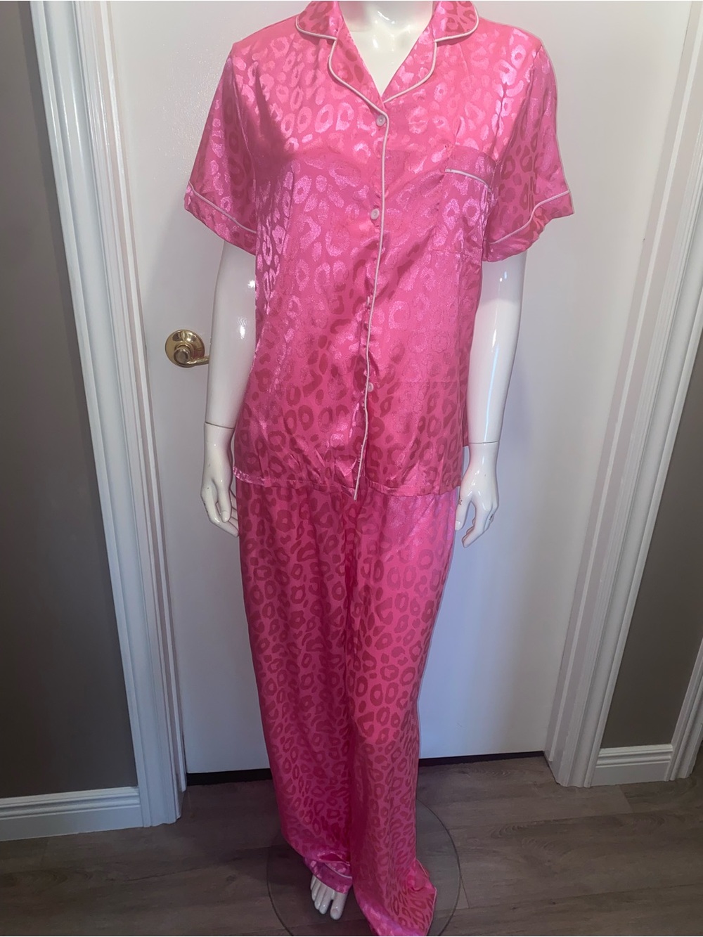 Pink Satin Leopard Print Pajama Set